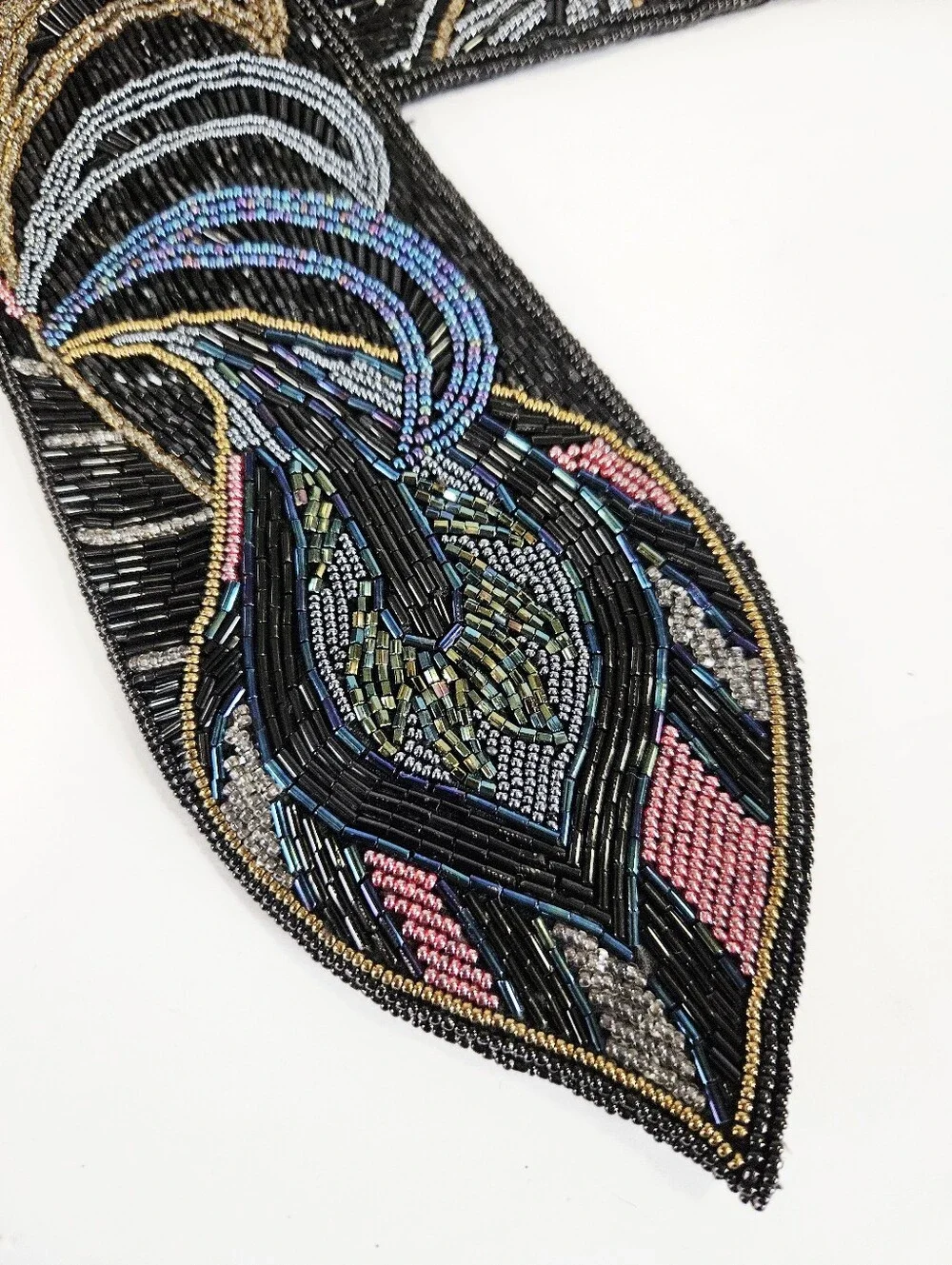 Vintage Cadaz Intricate Seed Beaded Peacock Feather Fold Over Statement Belt